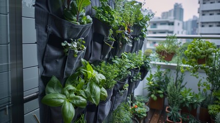 Vertical garden on an apartment balcony with a variety of fresh green plants and herbs in hanging pots. Balcony herb garden concept. Generative ai