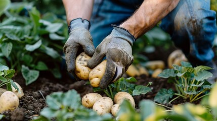 Man farmer in gloves harvesting ripe potatoes in plot on background of garden at sunny day. Farmer holding freshly harvested organic vegetables at vegetable garden. Generative ai