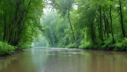 Deep green forest after the rain on the calm river