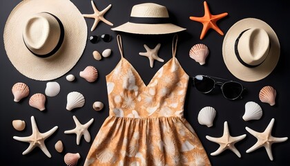 shells, starfish, sunglasses, straw hats on a black background