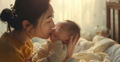 a mother gently caresses her newborn baby's head with gentle love and tenderness - obrazy, fototapety, plakaty