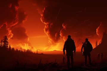 The sky is ablaze with orange flames as two people stand in front of a burning forest landscape with a setting sun. The scene is both beautiful and apocalyptic. - obrazy, fototapety, plakaty