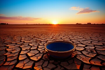 A blue ceramic bowl sits on dry, cracked earth under the setting sun, representing the impact of drought and environmental degradation on the landscape. - obrazy, fototapety, plakaty