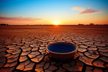 Tuinposter A blue ceramic bowl sits on dry, cracked earth under the setting sun, representing the impact of drought and environmental degradation on the landscape. © Dipsky
