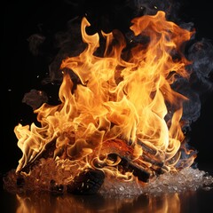 Intense orange fire with vibrant yellow flames and billowing black smoke emerging from a stack of wood, set against a dark backdrop with a reflective surface below.