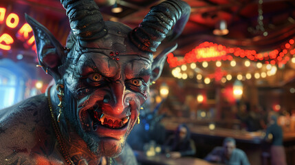 horned male face hell's laughter echo comedy clubs in the underworld - obrazy, fototapety, plakaty