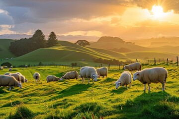Flock of sheeps grazing in green farm in New Zealand with warm sunlight effect, drone point of view flock of sheep in Mongolia pasture  - obrazy, fototapety, plakaty