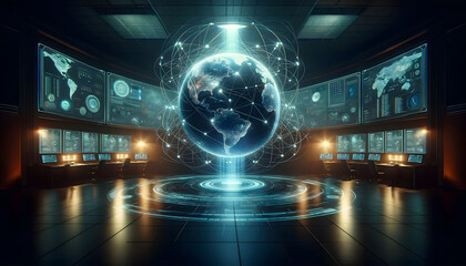 Holographic globe, internet and cyber connections, advanced technology.