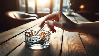 Hand stubbing out a cigarette in a glass ashtray on a wooden table.