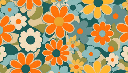 Fototapeta na wymiar Seamless 70s Retro Style poster art with flowers, and retro colors such as orange, pale blue, yellow and greens. Background wall art. Repetitive texture.