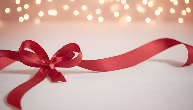 red christmas background, red ribbon on pale surface, blurred christmas lights behind
