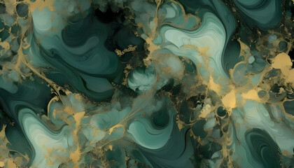 Abstract fractal marble pattern, in the style of pale greens, dark emerald and gold, marbleized, expressionistic madness, iridescence / opalescence, mixed media printing. - obrazy, fototapety, plakaty