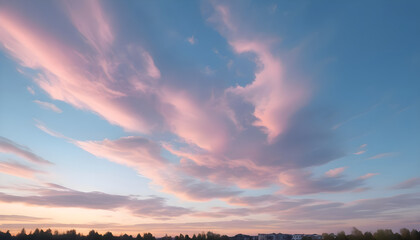 Obraz premium Background of blue sky with pale pink clouds in sunset