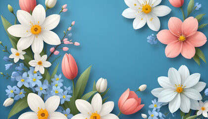 Beautiful spring flowers on a blue background. Floral illustration for card, invitation, poster, fashion, print, wedding or greeting.