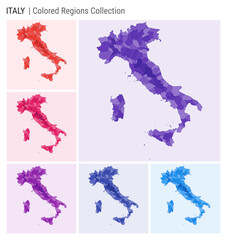 Italy map collection. Country shape with colored regions. Deep Purple, Red, Pink, Purple, Indigo, Blue color palettes. Border of Italy with provinces for your infographic. Vector illustration.