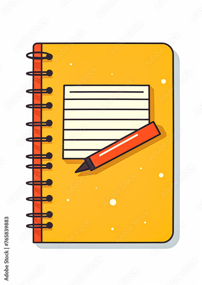Poster a yellow spiral notebook with a red pen and a white sheet of paper. the notebook is open to the firs