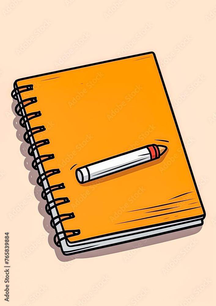 Poster a yellow spiral notebook with a pencil on top of it. the pencil is white and red. the notebook is op