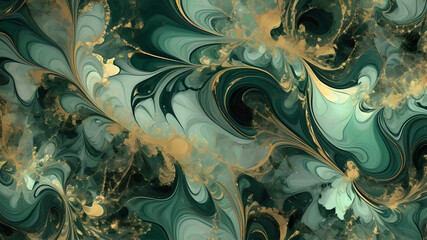 Abstract fractal marble pattern, in the style of pale greens, dark emerald and gold, marbleized, expressionistic madness, iridescence / opalescence, mixed media printing. - obrazy, fototapety, plakaty