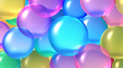 Colorful Glossy Bubbles Clustered on Yellow Background