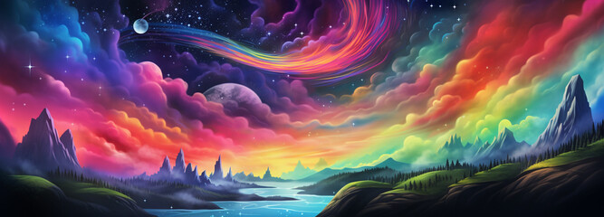 Illustrate a nighttime sky filled with stars a crescent moon and a rainbow colored aurora borealis This can be a beautiful and imaginative coloring experience - obrazy, fototapety, plakaty