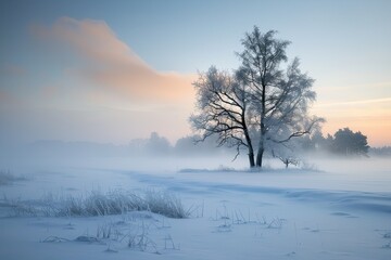 Fototapeta na wymiar Foggy landscape on a winter morning