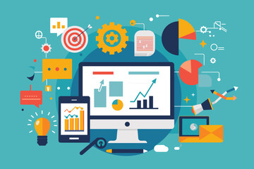 Digital Marketing Mastery: SEO Optimization, Web Development Strategies, and Creative Online Advertising Techniques for Business Growth. A Comprehensive Vector Illustration for Web Banners - obrazy, fototapety, plakaty