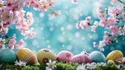 Fototapeta na wymiar Colorful Easter eggs with cherry blossom on blue background, Easter and springtime concept backdrop