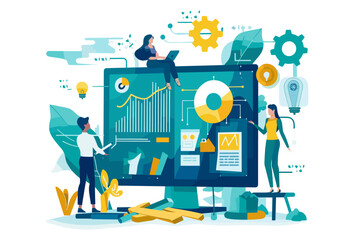 Dynamic Business Strategy and Marketing Vision, Corporate Teamwork and Planning, Consulting Services Concept, Vector Illustration for Web and Print - obrazy, fototapety, plakaty
