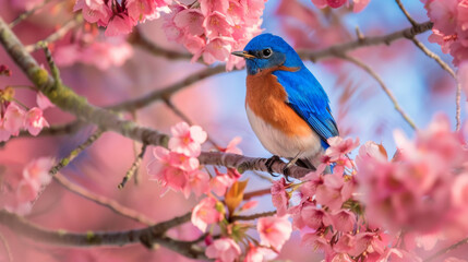 A vibrant bluebird perched on cherry blossom branches, close up shot, springtime joy concept.