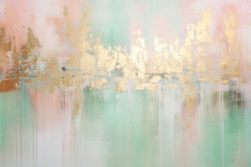 The abstract picture of the gold, pink and green colour that has been painted or splashed on the white blank background wallpaper to form random shape that cannot be describe yet beautiful. AIGX01.