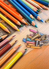 Fototapeta premium A drawing of a fruit basket with a calculator and a box of crayons on the table
