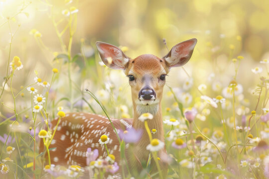 A baby deer peeking out from behind wildflowers in meadow, innocent wildlife and serene spring background