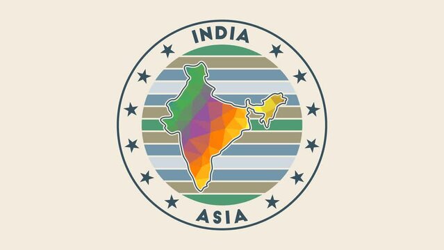 India intro video. Badge with the circular name and map of the country in low poly tech geometric style. Beautiful country round logo animation.