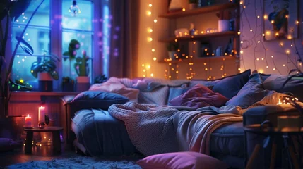 Fotobehang A cozy living room decorated with plush pillows, soft blankets, and twinkling fairy lights, inviting you to curl up and relax. © muhammad