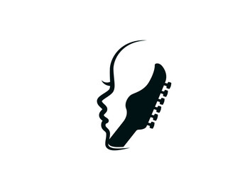 guitar and woman face, woman musical logo - obrazy, fototapety, plakaty