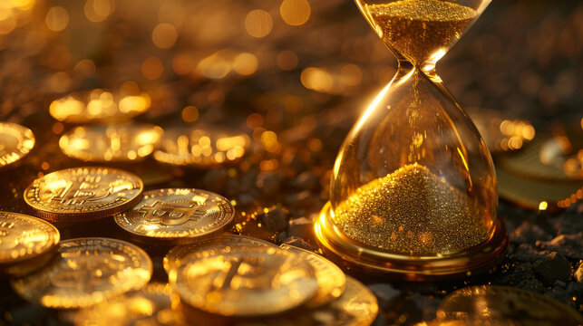 An hourglass containing golden sand, framed by glimmering gold coins, concept of time being as precious as gold.