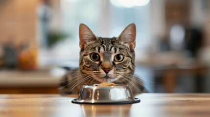 A tabby cat is eating from a metal bowl on a wooden table, pet care concept.