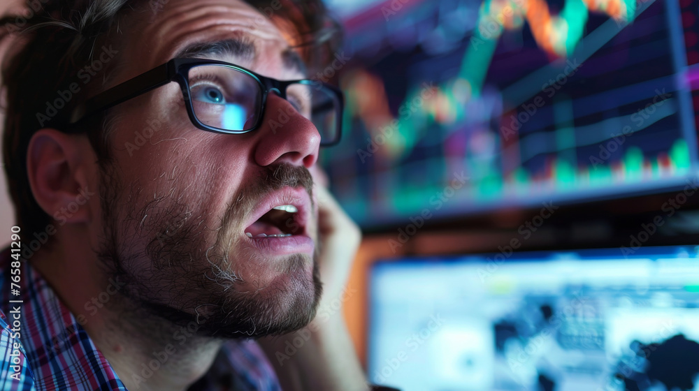 Poster trader have a tense expression as they look at the stock chart, stock market and investment concept.