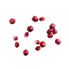 Falling pomegranate seeds isolated on transparent background. Top view.