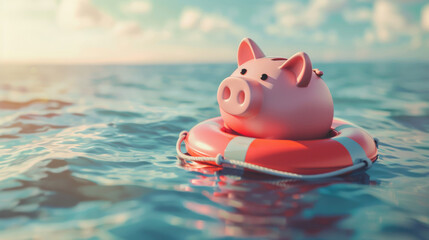 A piggy bank relying on a lifebuoy to stay afloat in water, financial stability and insurance concept