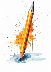 A pencil is shown with a splash of paint on it. The pencil is blue and yellow, and the paint is...
