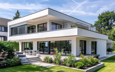 Fototapeta na wymiar A photo of the exterior front view of a modern house in white with black windows, a wooden terrace and garden with green grass