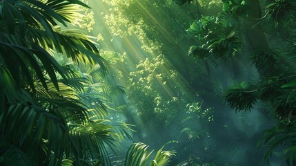 A dense canopy of green leaves filtering sunlight in a verdant jungle, creating a tranquil and...