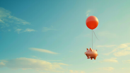 Piggy bank money savings tied with a balloon, floating into the air, inflation concept.