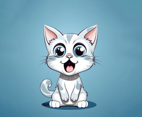 Excited white kitten with big eyes illustration, blue background
Concept: enthusiasm, joy, pet, animated