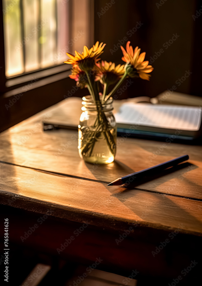 Poster a jar of pencils sits on a table next to a notebook and a pen. the scene is set in a city, with the 