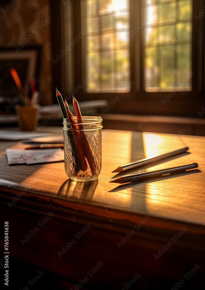 Poster a jar of pencils sits on a table next to a notebook and a pen. the scene is set in a city, with the 