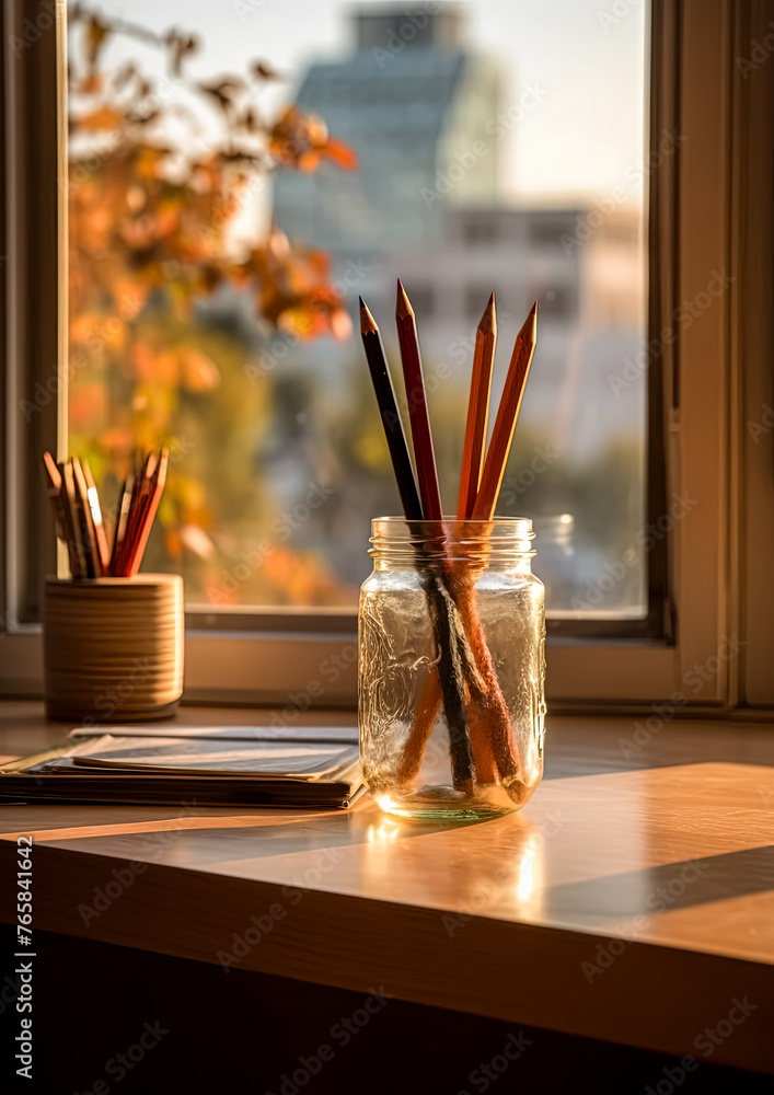 Poster a jar of pencils sits on a table next to a notebook and a pen. the scene is set in a city, with the 