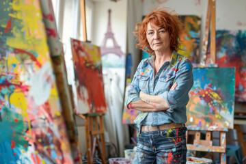 Mature female artist standing in front of the easel in her studio
 - obrazy, fototapety, plakaty