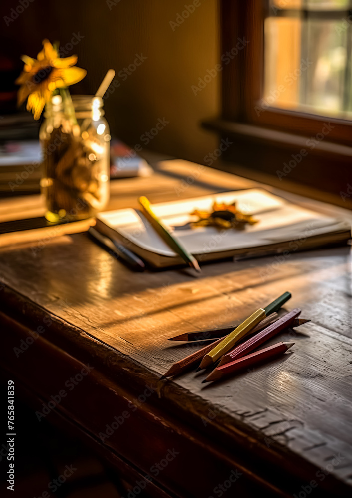 Poster a jar of pencils sits on a table next to a notebook and a pen. the scene is set in a city, with the 